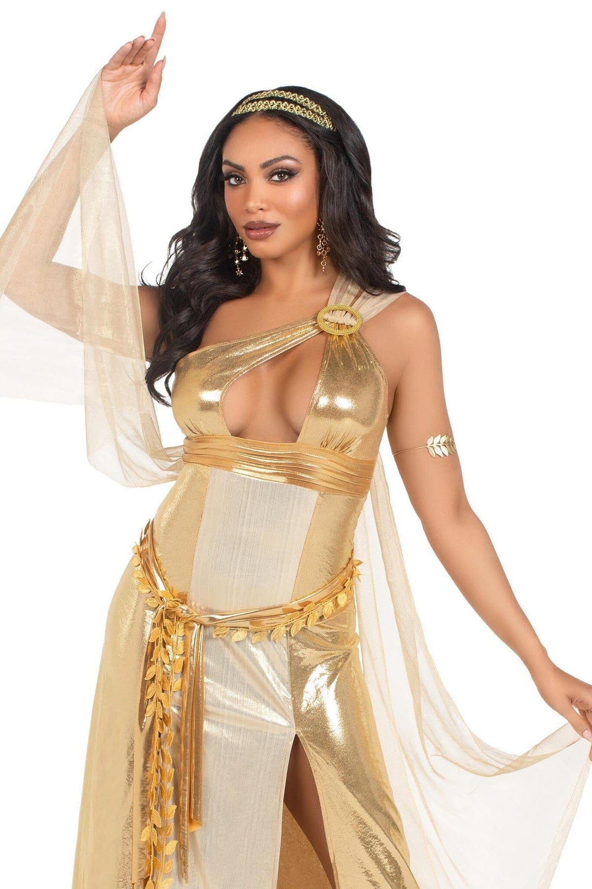 LEG AVENUE 3 Piece Golden Goddess Asymmetrical Shimmer Dress, Draping, Gold Leaf Sash