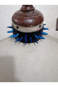  Black Faux Leather & Blue Metallic Spike Choker