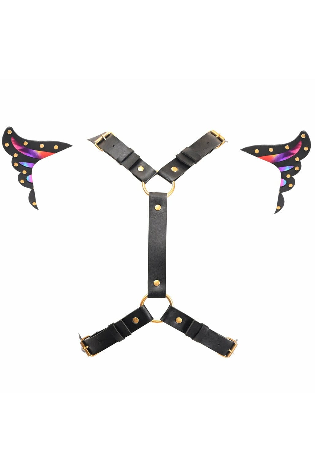  Black Faux Leather & Rainbow Holo Butterfly Wing Harness