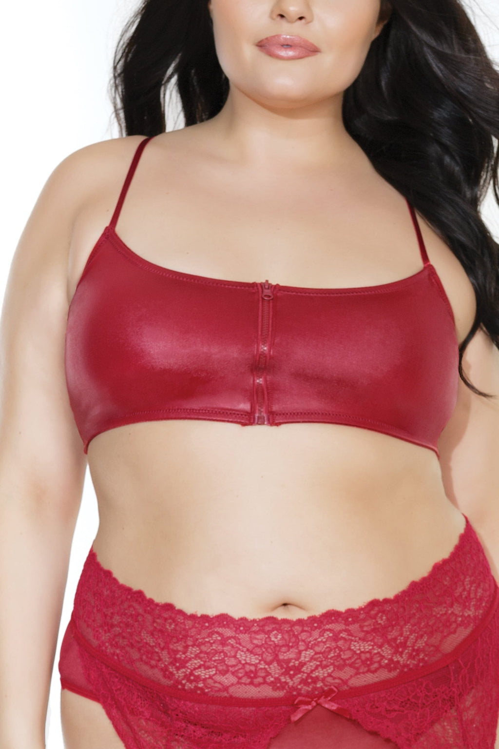 Coquette Matte Wetlook Bralette With Front Zipper Closure & Adjustable Straps | Plus Size