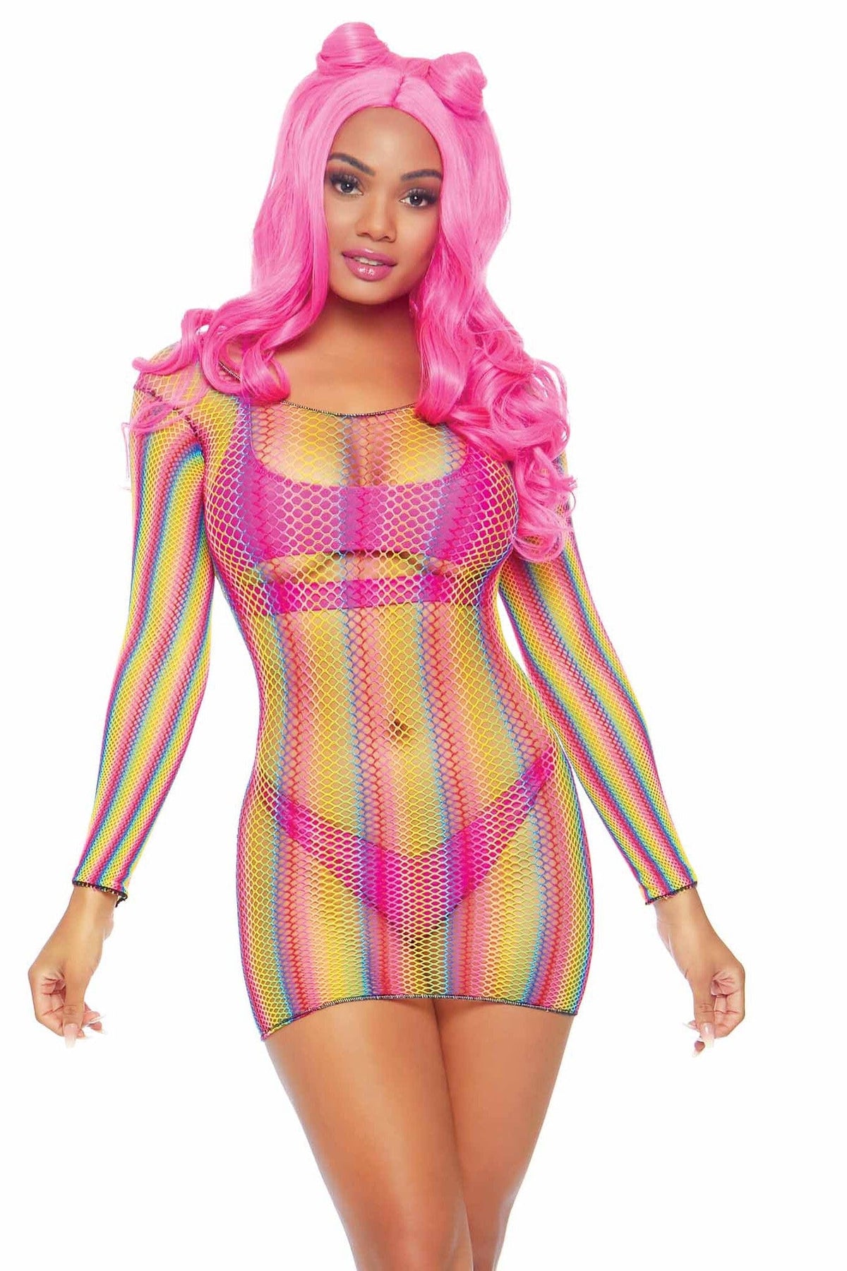LEG AVENUE Rainbow Fishnet Long Sleeved Mini Dress