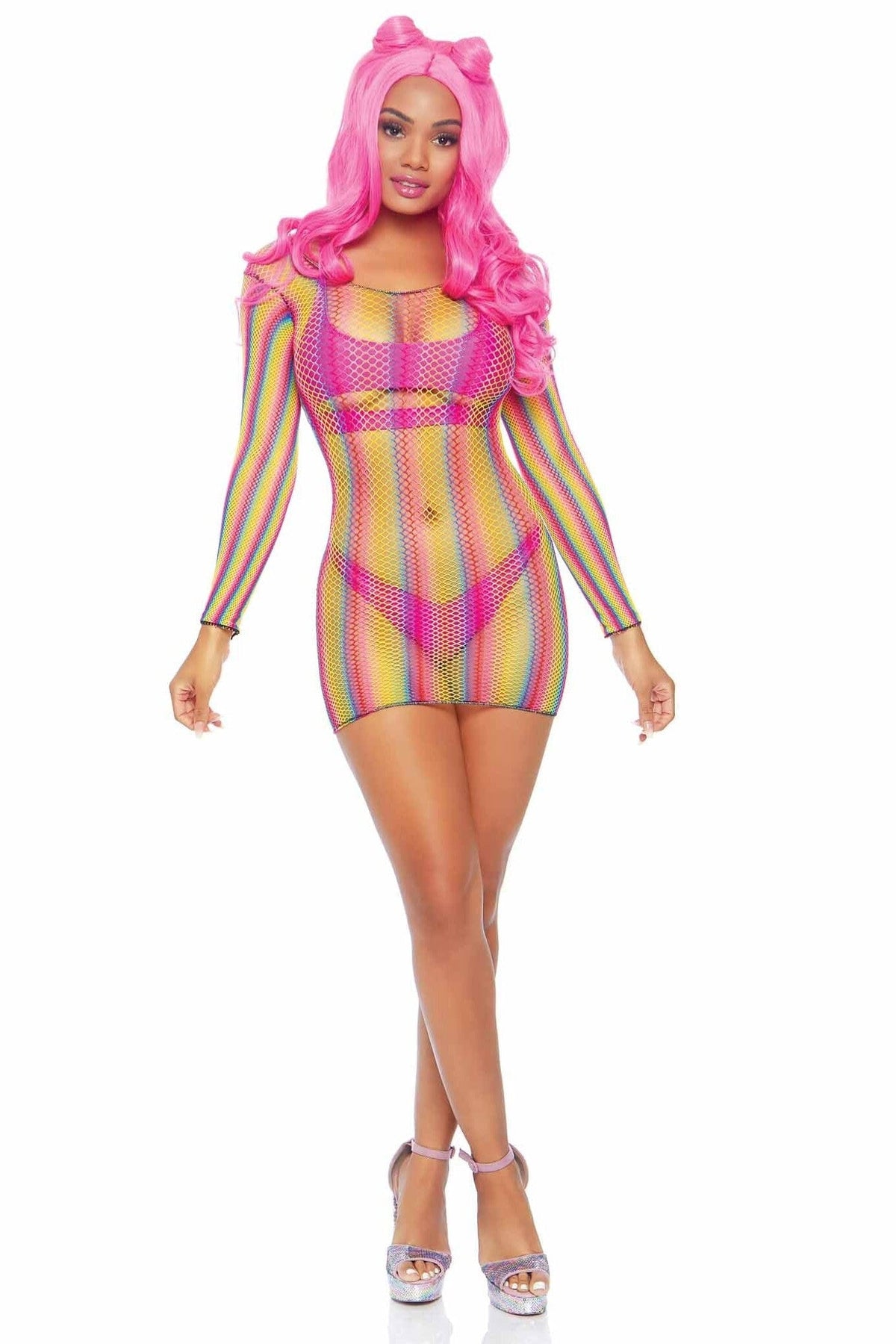 LEG AVENUE Rainbow Fishnet Long Sleeved Mini Dress