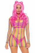 LEG AVENUE Rainbow Fishnet Long Sleeved Mini Dress