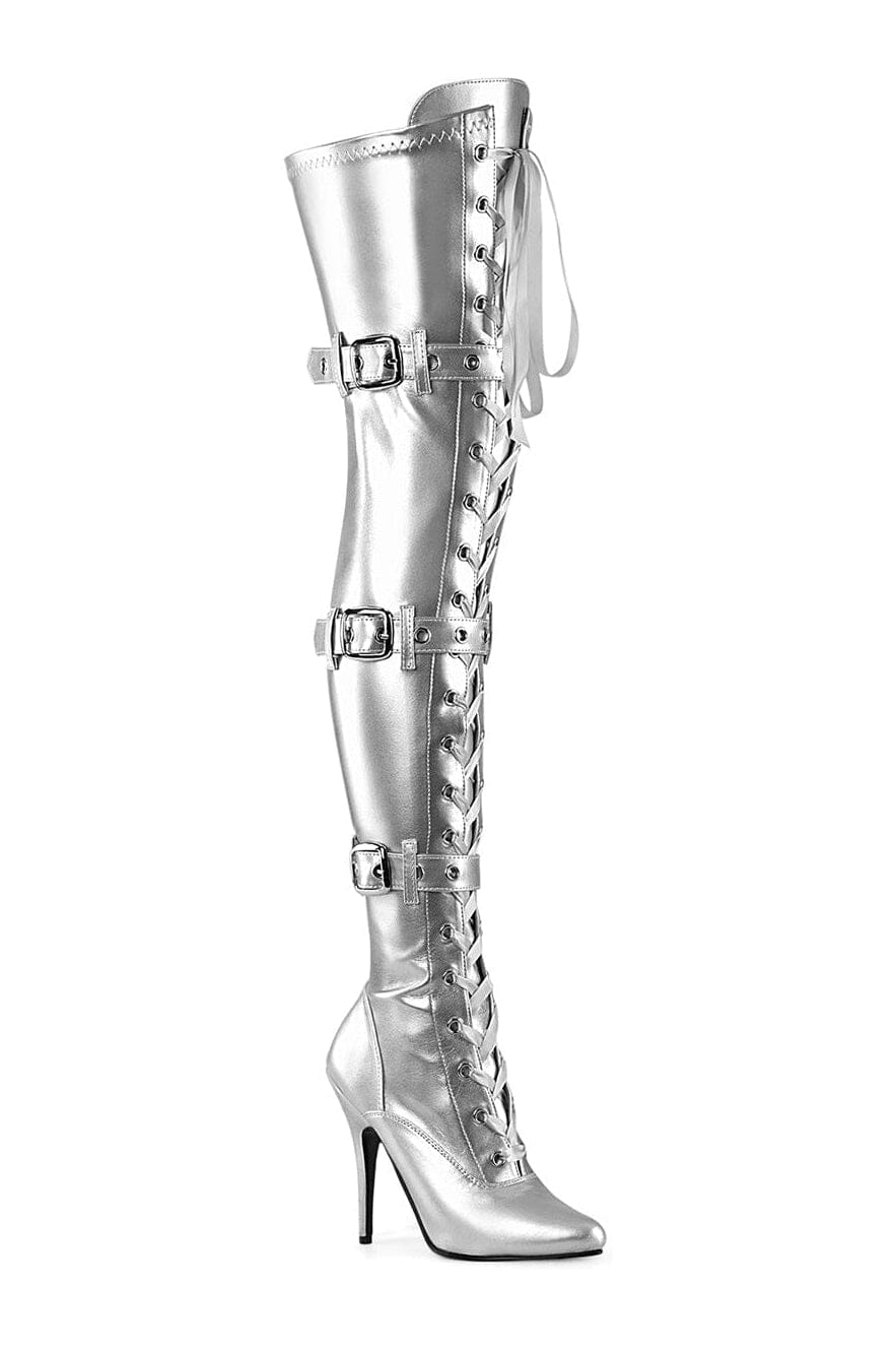 PLEASER SEDUCE-3028 Silver Patent Thigh Boot