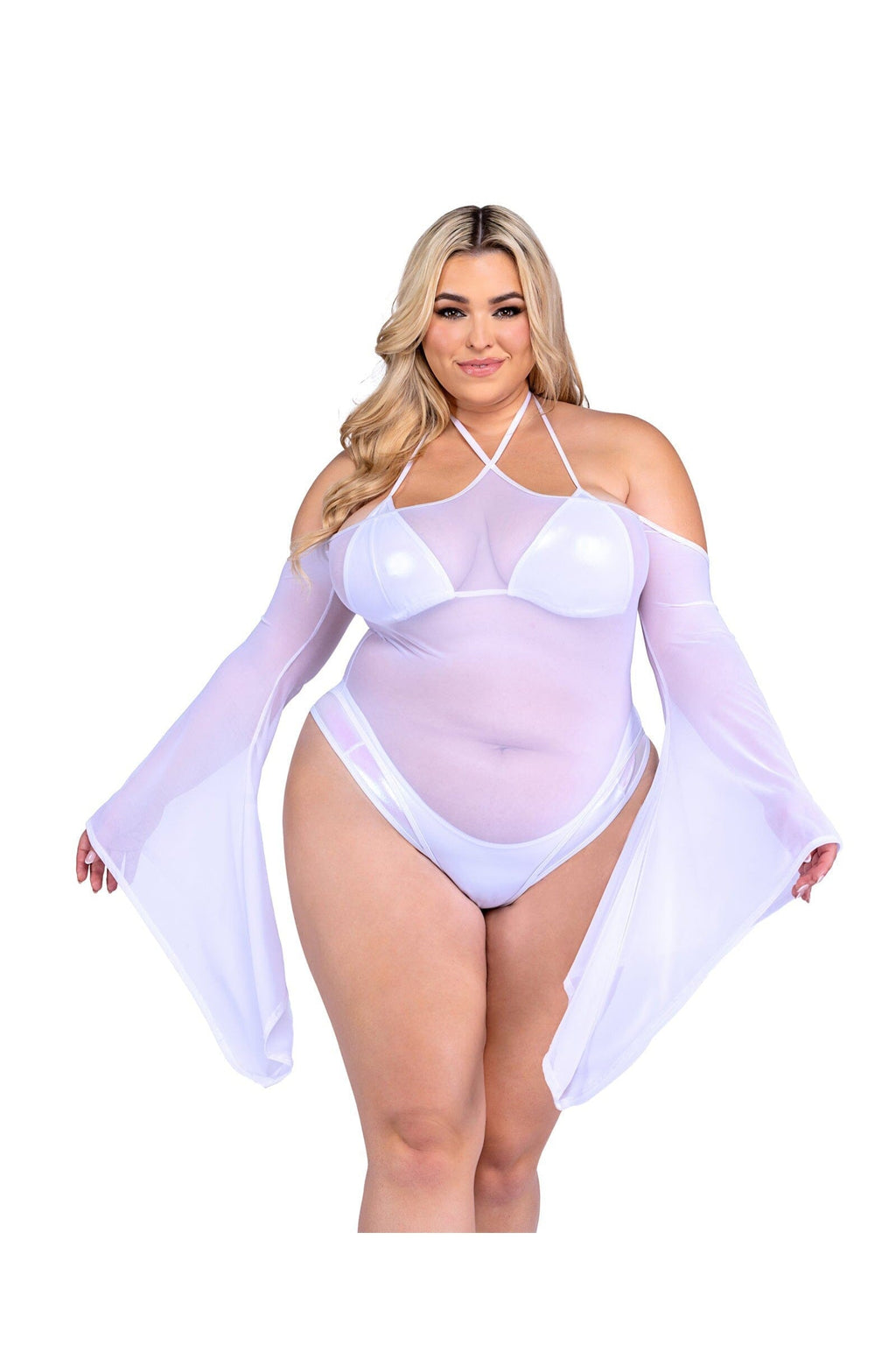  Sheer Mesh Romper With Bell Sleeves