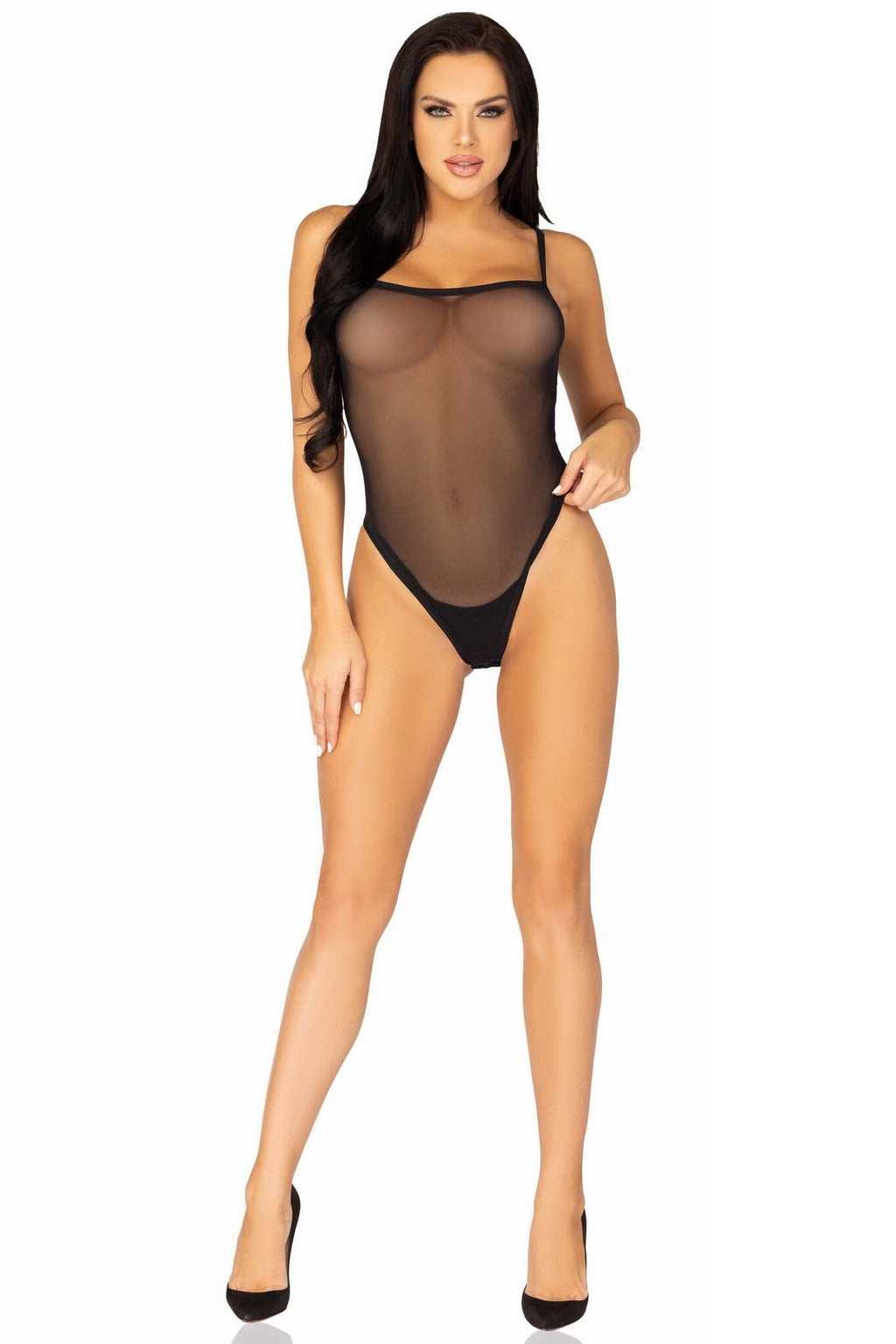 LEG AVENUE Snap Crotch Mesh Cami Bodysuit, Adjustable Straps, Thong Back