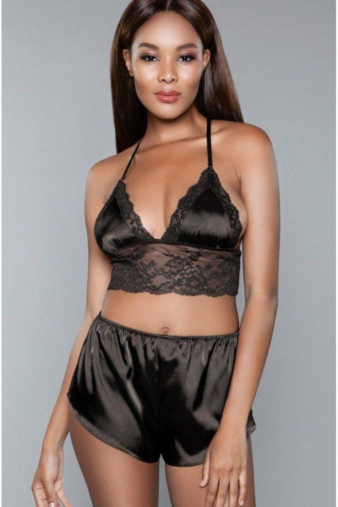  Lace Trim Satin Cami Set