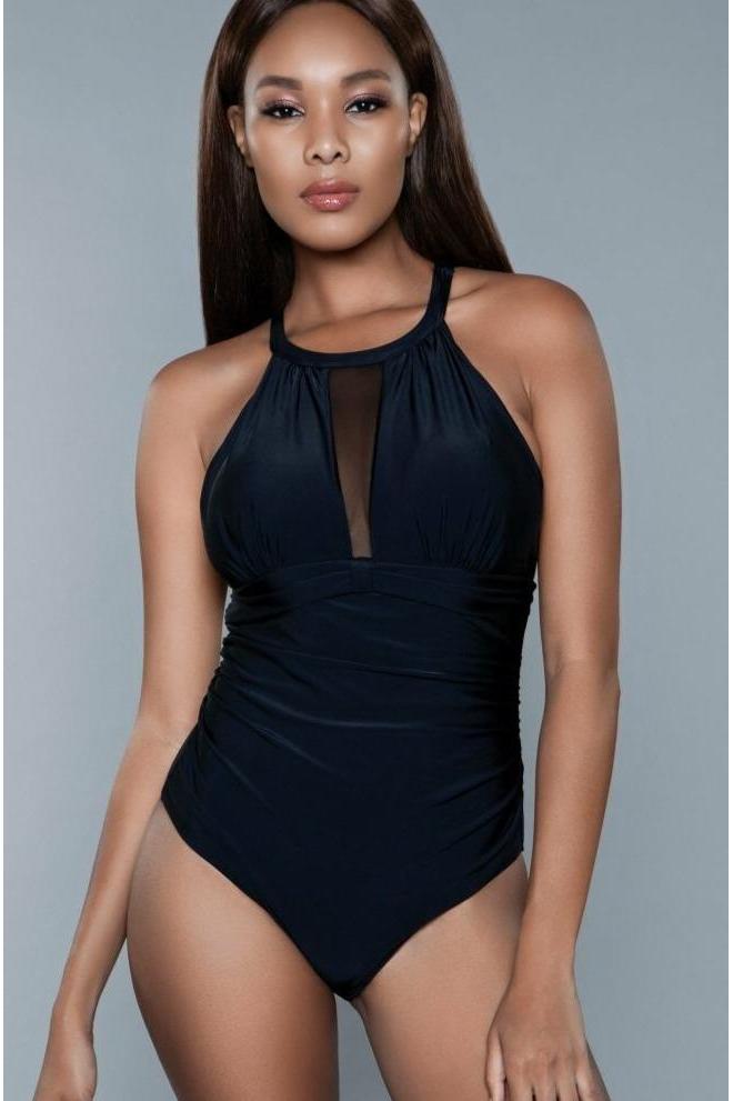  Mesh Inset High Neck One Piece Swimsuit