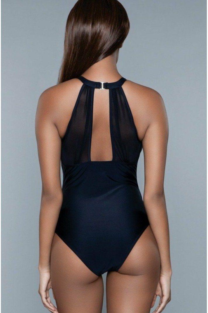  Mesh Inset High Neck One Piece Swimsuit