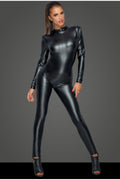 Noir Handmade Open Back Stone Trim Wetlook Catsuit