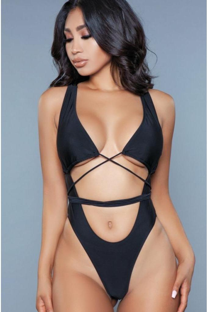  Plunge Neck Criss Cross One Piece Swimsuit