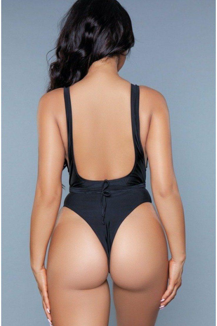  Plunge Neck Criss Cross One Piece Swimsuit