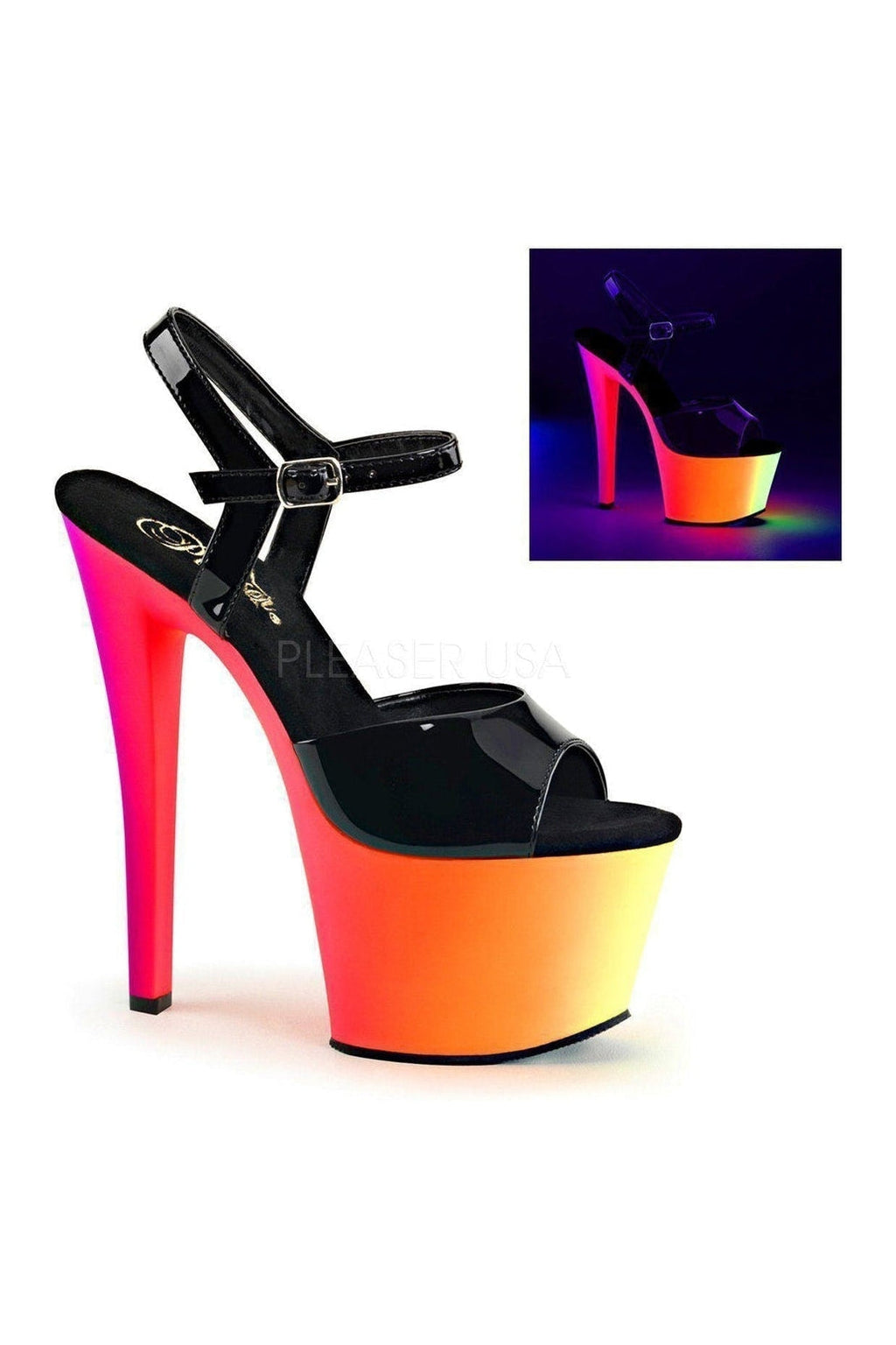PLEASER RAINBOW-309UV Platform Sandal | Black Patent