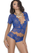 Short Sleeve Eyelash Lace Plunge Cami Top With Matching Panty